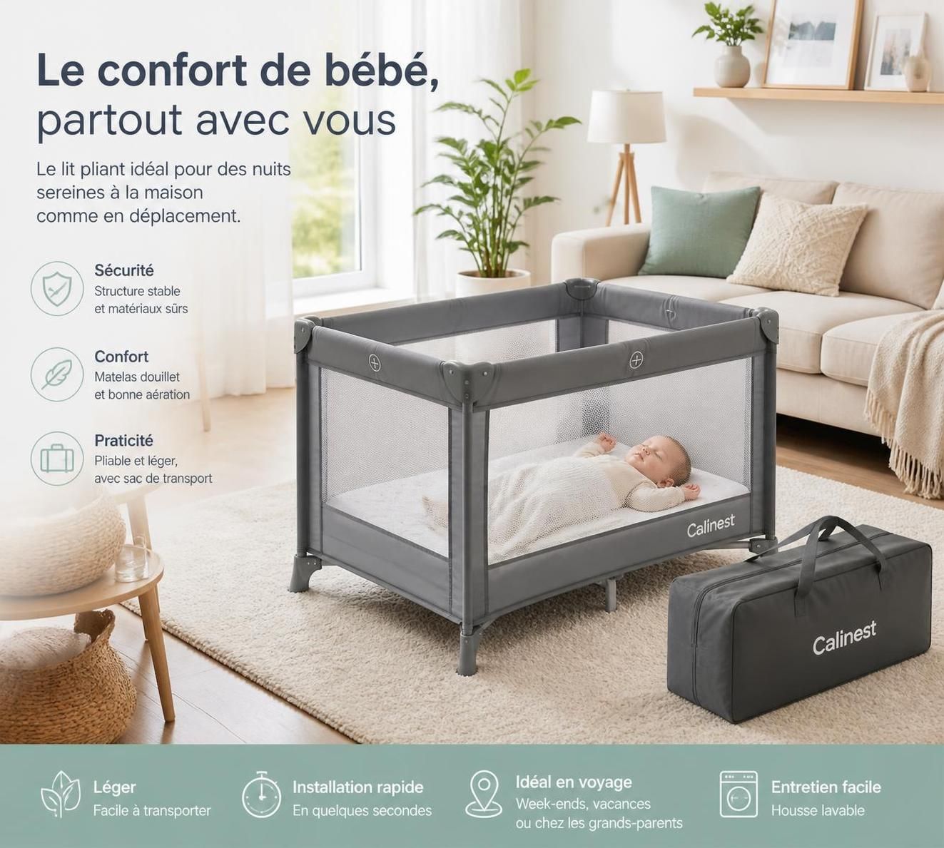 découvrez le lit bébé pliant, l'allié idéal pour les parents nomades et organisés. pratique, léger et facile à transporter, il garantit confort et sécurité partout où vous allez.